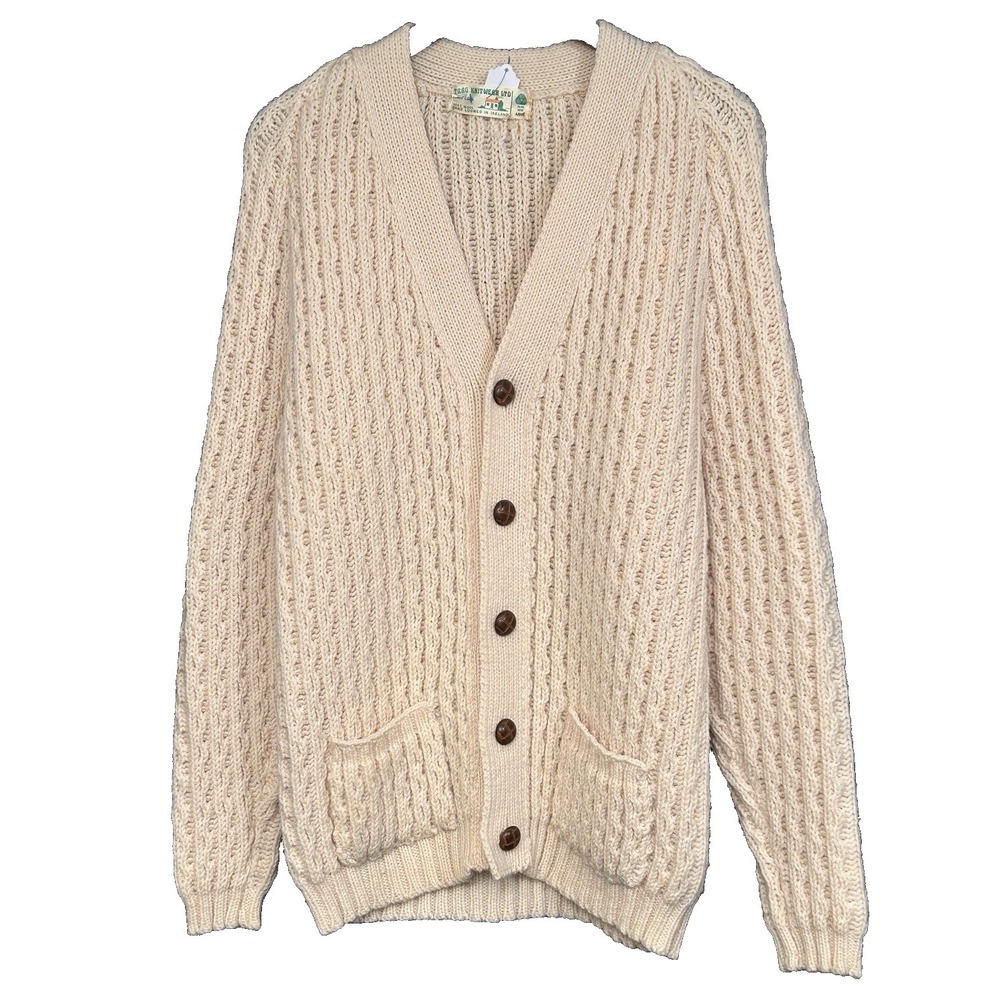Vintage Cream Cardigan Fisherman's Trag Cable Knit 100% Wool Sweater Ireland
